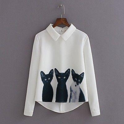 Cat Chiffon Long-Sleeve Blouse