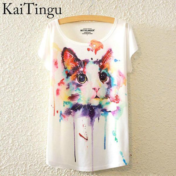 Rainbox Cat Print O-Neck