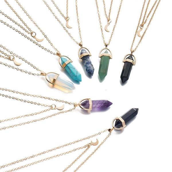 Multi Layered Moon & Crystal Drop Pendant Necklace