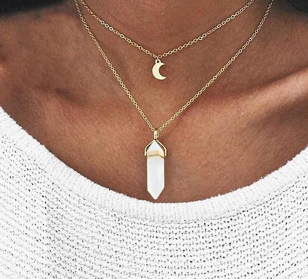 Multi Layered Moon & Crystal Drop Pendant Necklace