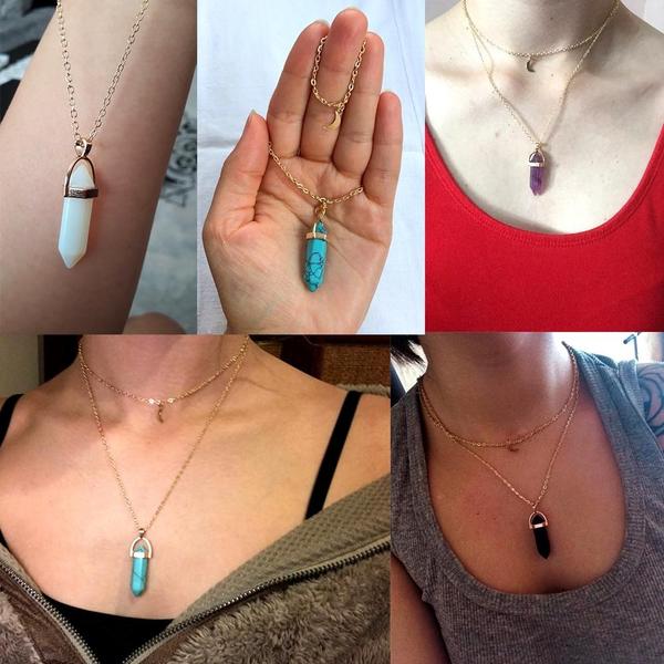 Multi Layered Moon & Crystal Drop Pendant Necklace